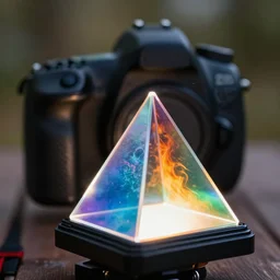 DSLR still of a prism taking in white light on one side and splitting it into fire water wind and earth, 8k, f1.8, shallow depth of field, heavy bokeh