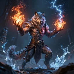 magic humanoid strong wolf sorcerer casting a powerful arcane magic spell, fire, ice, lightning, fantasy, occult, majestic pose, dramatic lighting, cinematic scene, frank frazetta, visually stunning, sharp focus, highly detailed, colorful, trending on artstation, unreal engine, octane render, cgsociety, artgerm, award - winning