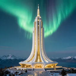 a futuristic white and gold luxury tower on vinicunca mountain during aurora borealis by james jean, jakub rebelka, claude monet, high detailed, visually stunning, beautiful