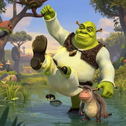 Walter White hanging out with Shrek and Donkey in the swamp