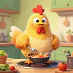 cartoon chicken cooking digital art, highly detailed