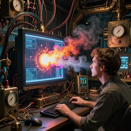 Artstation. A room full of electronic steampunk equipment with lots of electric wires and large tv screens and big voltage meters. A colorful bright burst of fire and smoke is coming out of the computer screen. Close-up of a man sitting at the keyboard and watching it in awe. Dark, intricate, highly detailed, smooth, in style of Mike Savad