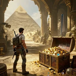 screenshot of tomb raider and uncharted and indiana jones videogame ps 5 in an ancient undiscovered room with a chest full of ingots and gems and precious, concept art, architecture design, pyramids style, rtx, nvidia, renderer, stunning graphics