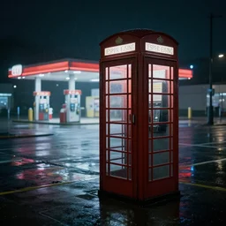 dark, at night, panoramic view of a single phone booth on a rainy day, a 6 0 s gas station in the background, haze, behance hd by jesper ejsing, by rhads, makoto shinkai and lois van baarle, ilya kuvshinov, rossdraws global illumination, 8 k, artstation, unreal engine