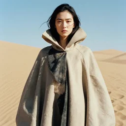 a film still of a gorgeous girl in cloak designed byyohji yamamoto and rick owens, in vogue and gq editorial fashion photography, medium close - up, cannon ef 6 5 mm f / 2. 8 in dune