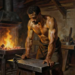 muscular sweaty male blacksmith, forgehouse painting by craig mullins, j. c. leyendecker, tom of finland
