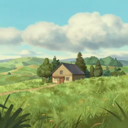 A serene landscape with a singular building in the style of aardman studio