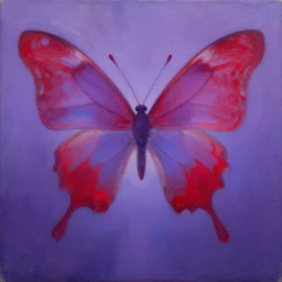 an oil painting of a sea butterfly , superflat art, very ethereal, joy, painterly, heavy impasto, purple, scarlet and blue colours soft gradient, moth inspired dress, happy, calm, ambient, calming, vantablack, chiaroscuro