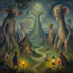 a strange, fantastical dreamscape | | strange beings | | strange dwellings | | ortherworldly land formations | | lanterns | | organic painting by jakub gazmercik, max masnyy, jakub gazmercik, beeple, patrick faulwetter, heavenlydaemonic, and mc escher, surrealism, trending on artstation