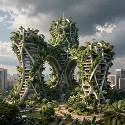 biophilic architecture, utopian structures, hyper real, photographic, urban green, volumetric, cinematic