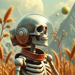 a skeleton astronaut!!!!!!!!! with his helmet off by kren cushart and ralph mc quarrie on a colorful alien wheat world with lime!!!! trees
