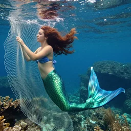 a mermaid using a filtering mesh,