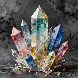 artwork, colourful crystals, contrast ink shapes, layered origami patterns, epic story composition, chromatic dispersion, graphic, extreme details