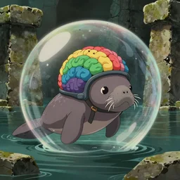 hyperrealist, dull colors, interior shot from howls moving castle 2 0 0 4 of a rainbow colored brain helmet on a manatee floating in flooded stonehenge bubble.