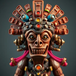 photo of a claymodel of a steampunk tiki with three faces, wearing a aztec helmet with multicolored tubes and shiny metallic devices, 3 d render, crisp, 8 k, fluorescent colors, insanely integrate