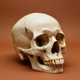 studio photography of skull with tent peg in its head, solid color background, 4 k