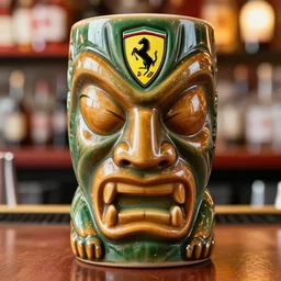 a closeup photorealistic photograph of a glossy ferrari themed tiki mug at at a trader vic's bar featuring the face of young enzo ferrari. party. tiki theme. bright scene. fine detail. this 4 k hd image is trending on artstation, featured on behance, well - rendered, extra crisp, features intricate detail, epic composition and the style of unreal engine.