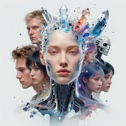 portrait of computer integrating with human, transcended circuits, crystals, melting, ben ridgeway, 8 k, by tristan eaton, stanley artgermm, tom bagshaw, greg rutkowski, carne griffiths, ayami kojima, beksinski, giger, trending on deviantart, face enhance, hyper detailed, minimalist, cybernetic, android, blade runner, full of colour, super detailed