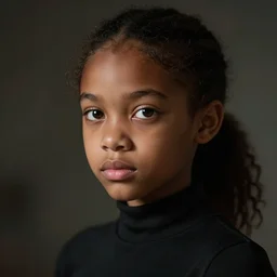 a photorealistic hyperrealistic, bright brown eyes, light skinned african young girl, ponytail hair, flawless face, beautiful eyes, cute face, black turtle neck shirt, by wlop, artgerm, greg rutwoski, alphonse mucha, beautiful dynamic dramatic low - light moody lighting, cinematic atmosphere, artstation, concept design art, octane render, 8 k