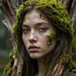 stunning female face growing from driftwood, highly detailed, ultra realistic, octane render, 8k, moss hair, dewdrops