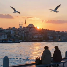 Istanbul scene as anime, sunset, feries in the Bosphorus, little seagulls