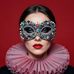 an 8 0 s portrait of a woman with dark eye - shadow and red lips with dark slicked back hair, a mask made of wire and beads, dreaming acid - fueled hallucinations, hallucination psychedelic by serge lutens, rolf armstrong, delphin enjolras, peter elson, red cloth background, frilled puffy collar