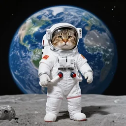 cat wearing astronaut suit on the moon planet earth in the background sigma 1 4 mm f / 1. 8