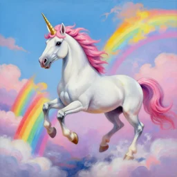 unicorn galloping on a rainbow, clouds in the background, oil painting, high detail, vibrant colors, high quality,