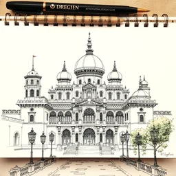 beautiful aesthetic inspirational masterful professional ink pen and watercolor sketch of a palace, ultra detailed, fine details, trending on artstation, high quality paper