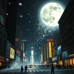 film still of the moon shattering into pieces exploding moon over time square in the new sci - fi movie, 8 k, night time
