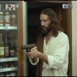 cctv footage of jesus robbing a liquor store, holding a glock, caught in 4 k, realistic, news