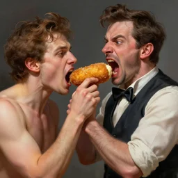 forcefeeding a dutch kroket to a frenchman who screams in agony, fantasy, high detail, elegant, digital painting, cinematic lighting, vibrant, intricate, textured skin, highly detailed, artstation, sharp, focus, HDR, unreal engine 5, breathtaking, illustration, Anna Dittmann, Ilya Kuvshinov, Nikolay Makovsky