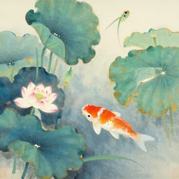 a beautiful painting carp lotus pond, by zhangda qian and kusama yayoi painting