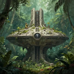 abandoned brutalist alien space station in lush jungle, close up, arte tribal, perry rhodan, simon stalenhag, digital painting, xf iq 4, f / 1. 4, iso 2 0 0, 1 / 1 6 0 s, 8 k, raw, featured in artstation, octane render, cinematic, elegant, intricate, 8 k