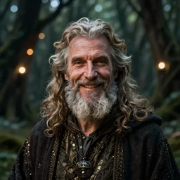 portrait of merlin, the enigmatic, wise, smiling wizard, in a fae forrest. close up, bokeh, low key light, nikon d 7 5 0, 8 k, ycbcr, lumen reflections, character concept art by akihito yoshida, annibale carracci, camille corot, and ivan shishkin
