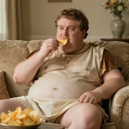 slightly obese julius caesar eating potato chips on the couch