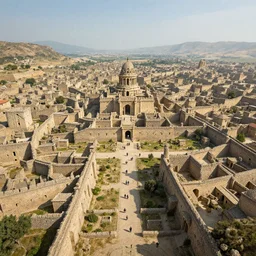 ancient city, greg rutkowski, zabrocki, karlkka, jayison devadas, trending on artstation, 8 k, ultra wide angle, zenith view, pincushion lens effect