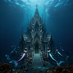 an intricate photograph of an underwater cathedral at the bottom of the ocean surrounded by mermaids by david lachapelle, dark and scary abyssal ambient, photorealistic, octane render, unreal engine, 4 k, smooth lighting, subaquatic photography,