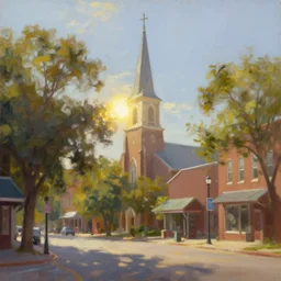 oil painting, midwest town, sunny day, sun behind church tower, square, trees, volumetric light, hyperdetailed, artstation, cgsociety, 8 k