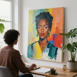 a black female working in home office, natural light window, plants in glass vase, acrylic on canvas, abstract, by warhol