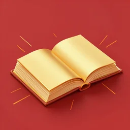 open ancient book, golden book, surrounded by orange speed lines, red background, digital art