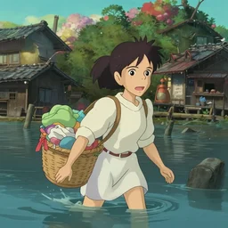 a animation key shot of a flooded Japanese village with a mother carrying a basket full of her belongings and trying to survive medium shot, waist up, studio Ghibli, Pixar and Disney animation, sharp, Rendered in Unreal Engine 5, anime key art by Greg Rutkowski, Bloom, dramatic lighting