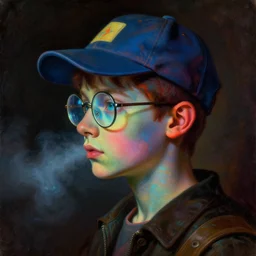 a baroque neoclassicist close - up side profile portrait of a colorful retrofuturistic blacklight uv cyborg boy with a baseball hat and glasses, glowing fog in the background. renaissance portrait painting. highly detailed science fiction painting by norman rockwell, frank frazetta, and syd mead. rich colors, high contrast, gloomy atmosphere, dark background. trending on artstation