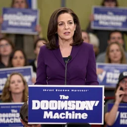 Movie still of Sheryl Sandberg at a campaign rally in The Doomsday Machine, directed by Steven Spielberg