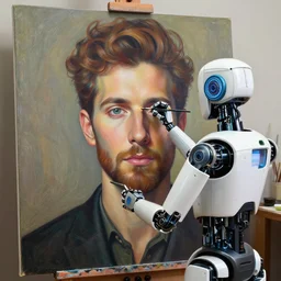 robot artist painting a self - portrait on a canvas. intricate, highly detailed, digital matte painting, in the style of alexandros pyromallis, and in the style of sachin teng, and in the style of hans thoma, and in the style of gerald brom. irony, recursion, inspiration.