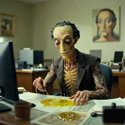 the strange creature at the office that stole my soul, made of wax and oil, film still from the movie directed by Denis Villeneuve with art direction by Salvador Dalí, wide lens