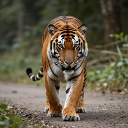 “tiger running rewards the camera, photo realism, trending on artstation”