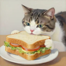 an oil painting of a cat biting into a big sandwich by Aya Takano