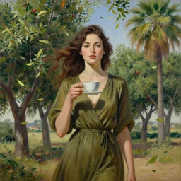 epic painting of beautiful female in olive dress holding cup of tea in the middle of date trees and palms with team leaves flying around her in the wind, beautiful female face, photography by amy leibowitz, wlop, jeremy lipkin, beeple, symmetrical front portrait, artgerm