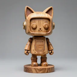 sculpture wooden carving cute robot piedestal cat ears, cyberpunk, popart c, ollection, contemporaryart